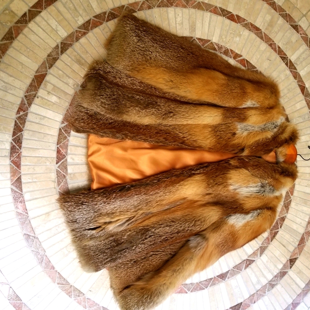 Mid length real Red Fox silk lined fur coat